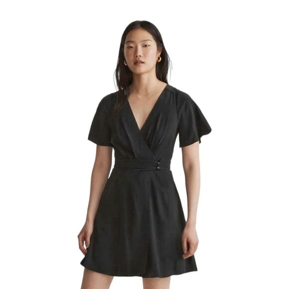 Madewell Pleated-Waist True-Wrap Mini Dress‎ True Black Size 10 NWT - Picture 1 of 15